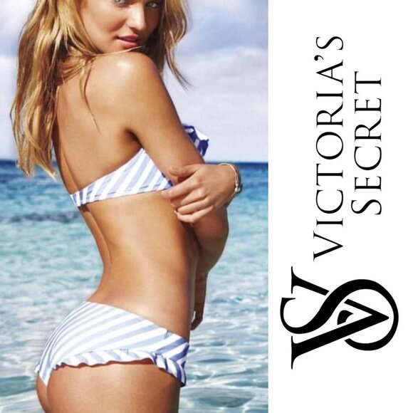 Victoria's Secret | Blue Stripe Ruffle Cheeky Bikini Bottoms | Size Medium - Picture 1 of 13